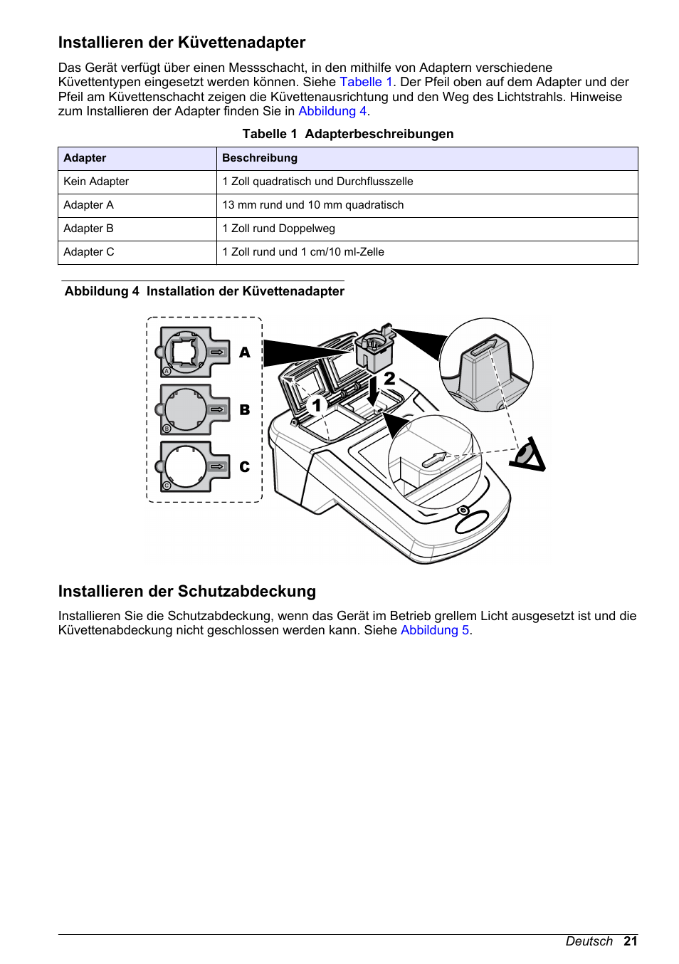 Installieren der küvettenadapter, Installieren der schutzabdeckung | Hach-Lange DR1900 Basic User Manual User Manual | Page 21 / 318