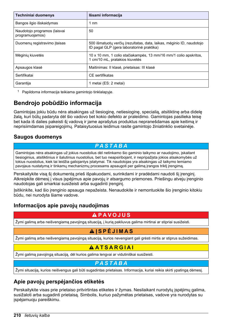 Bendrojo pobūdžio informacija, Saugos duomenys, Informacijos apie pavojų naudojimas | Apie pavojų perspėjančios etiketės | Hach-Lange DR1900 Basic User Manual User Manual | Page 210 / 318