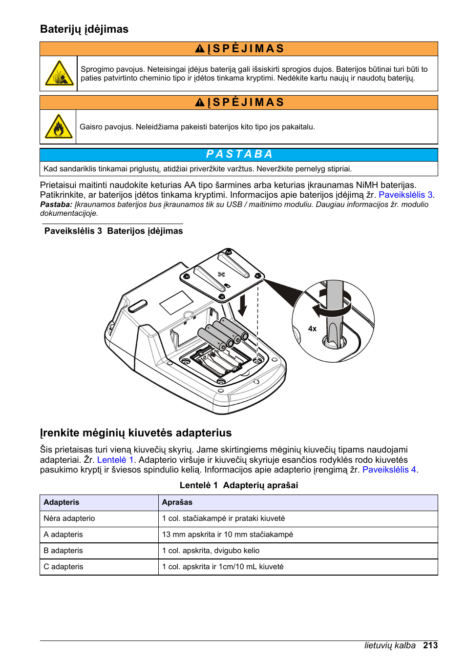 Baterijų įdėjimas, Įrenkite mėginių kiuvetės adapterius | Hach-Lange DR1900 Basic User Manual User Manual | Page 213 / 318