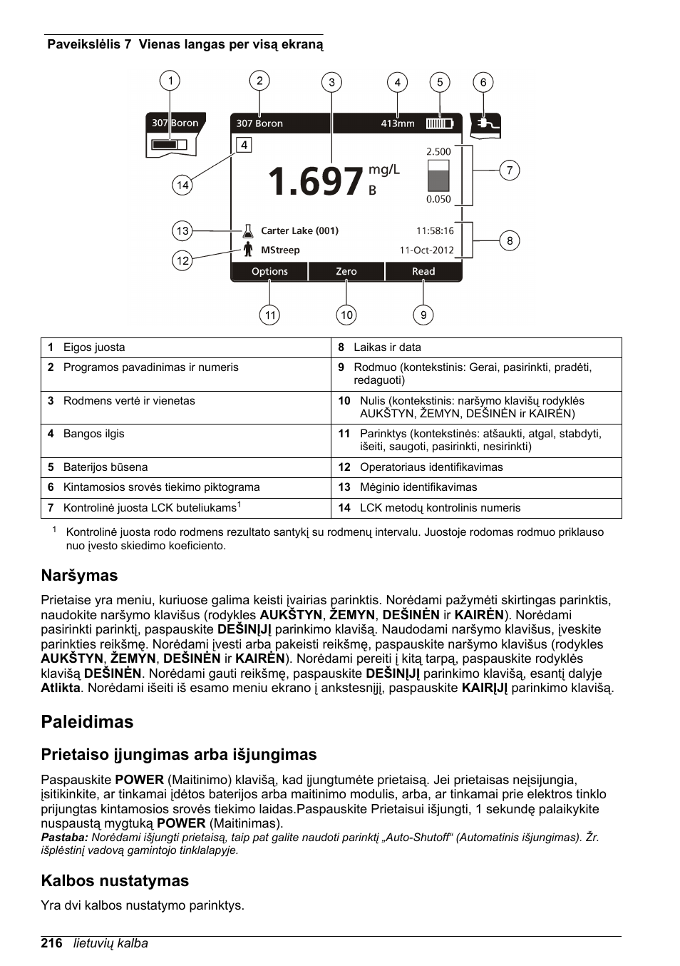 Naršymas, Paleidimas, Prietaiso įjungimas arba išjungimas | Kalbos nustatymas, Puslapyje 216 | Hach-Lange DR1900 Basic User Manual User Manual | Page 216 / 318