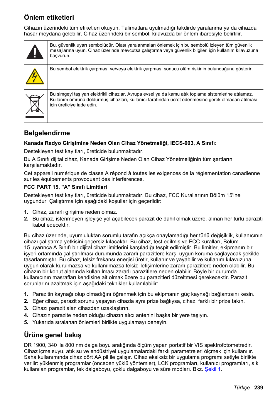 Önlem etiketleri, Belgelendirme, Ürüne genel bakış | Hach-Lange DR1900 Basic User Manual User Manual | Page 239 / 318