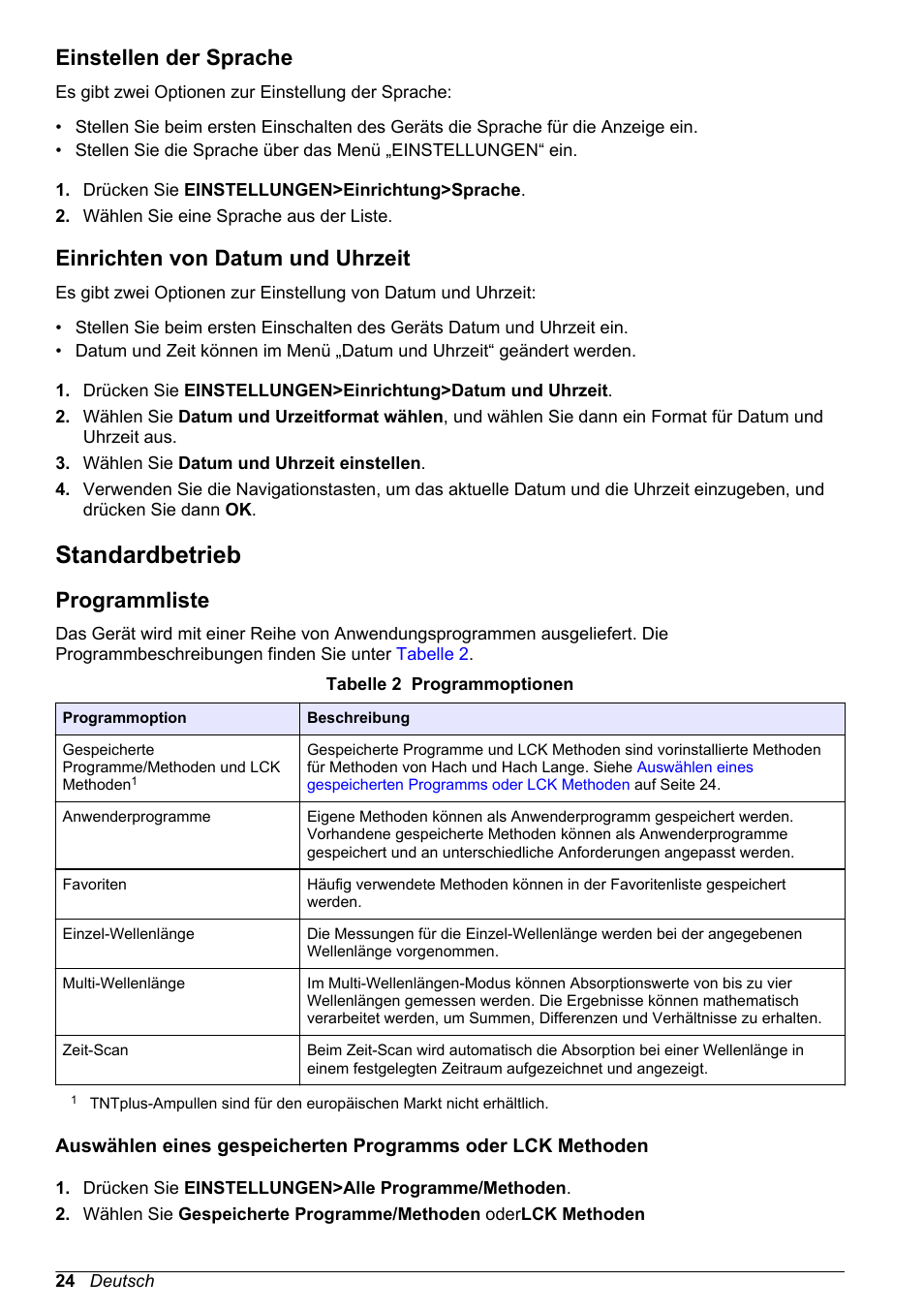 Einstellen der sprache, Einrichten von datum und uhrzeit, Standardbetrieb | Programmliste, Auf seite 24 | Hach-Lange DR1900 Basic User Manual User Manual | Page 24 / 318