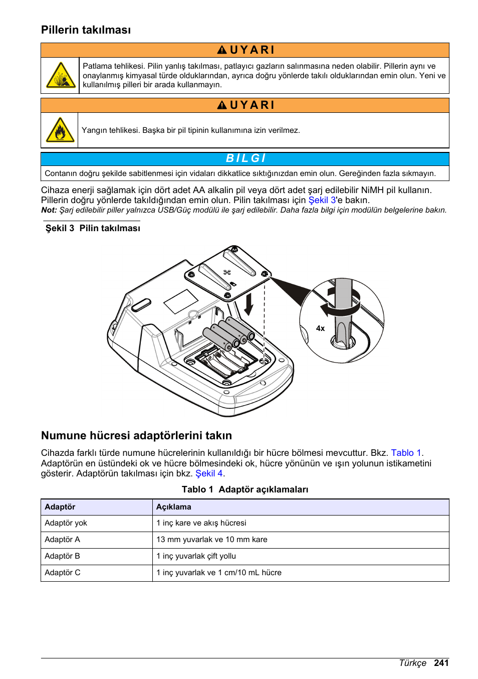 Pillerin takılması, Numune hücresi adaptörlerini takın | Hach-Lange DR1900 Basic User Manual User Manual | Page 241 / 318
