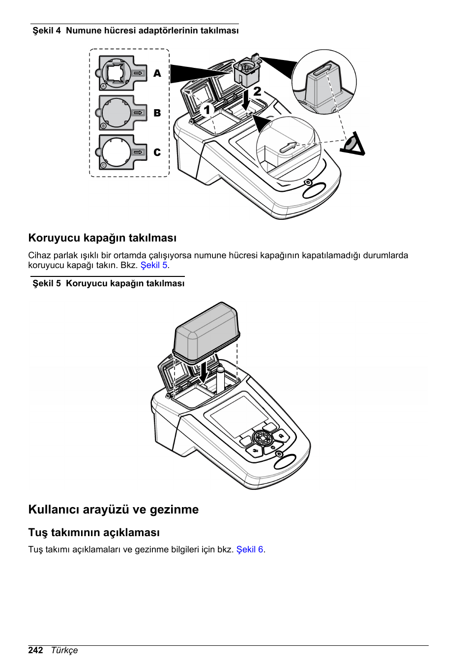Koruyucu kapağın takılması, Kullanıcı arayüzü ve gezinme, Tuş takımının açıklaması | Sayfa 242, Şekil 4 | Hach-Lange DR1900 Basic User Manual User Manual | Page 242 / 318