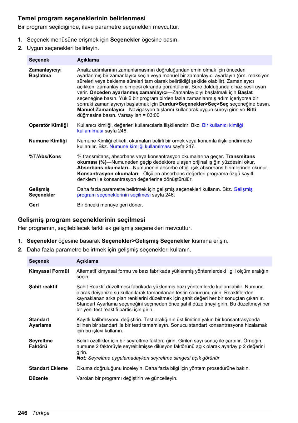 Temel program seçeneklerinin belirlenmesi, Gelişmiş program seçeneklerinin seçilmesi | Hach-Lange DR1900 Basic User Manual User Manual | Page 246 / 318
