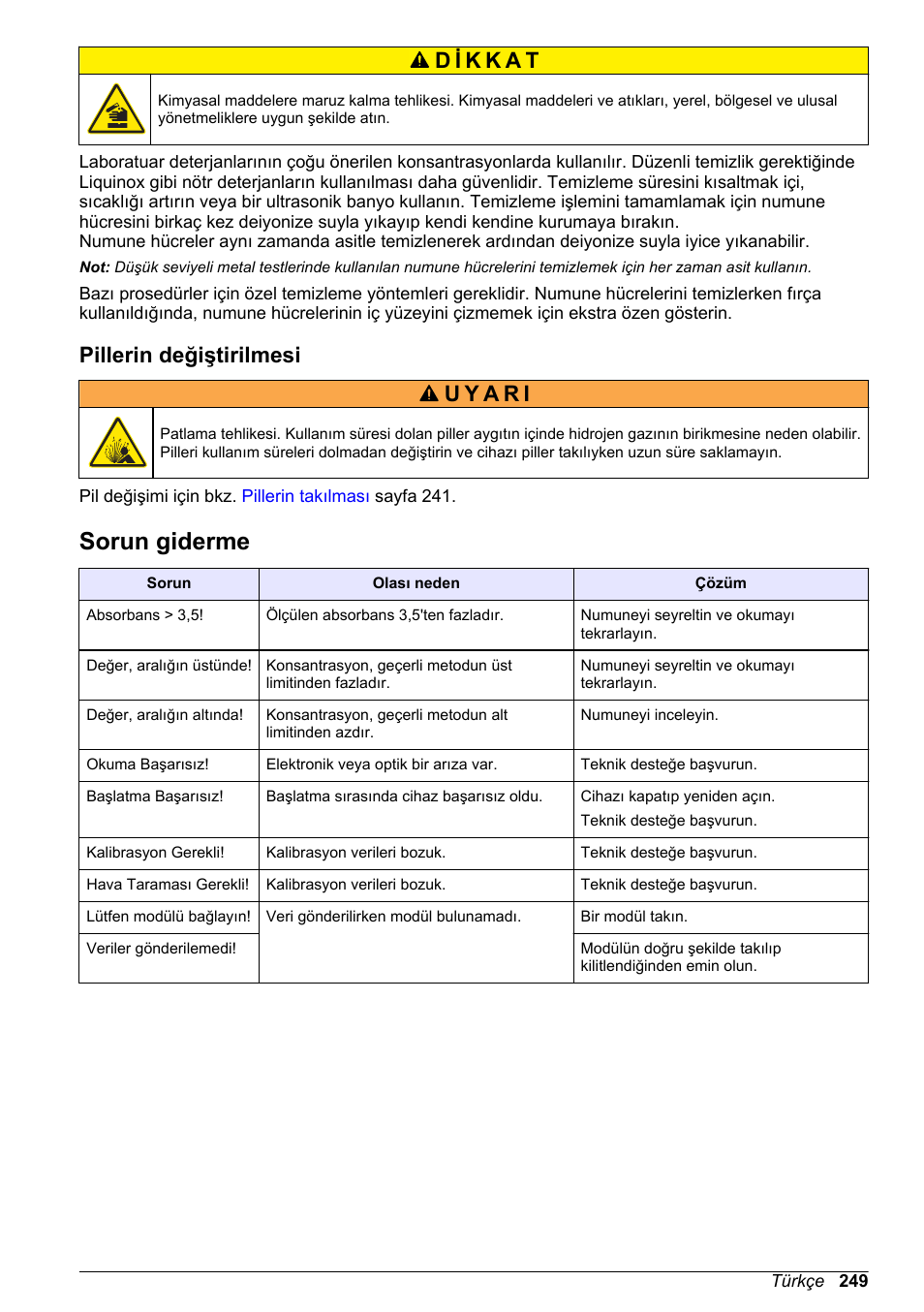 Pillerin değiştirilmesi, Sorun giderme | Hach-Lange DR1900 Basic User Manual User Manual | Page 249 / 318