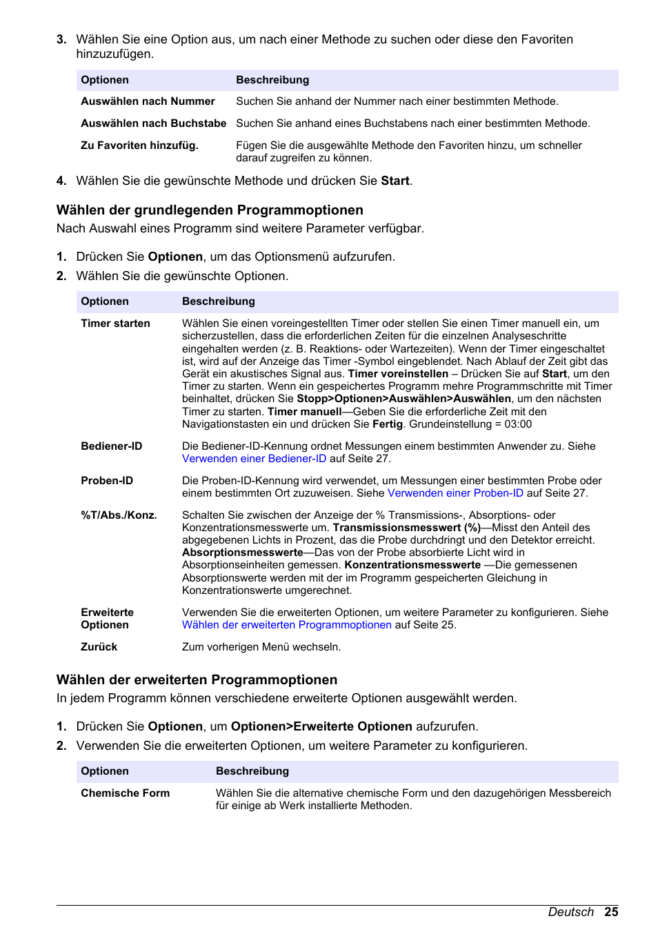 Wählen der grundlegenden programmoptionen, Wählen der erweiterten programmoptionen | Hach-Lange DR1900 Basic User Manual User Manual | Page 25 / 318