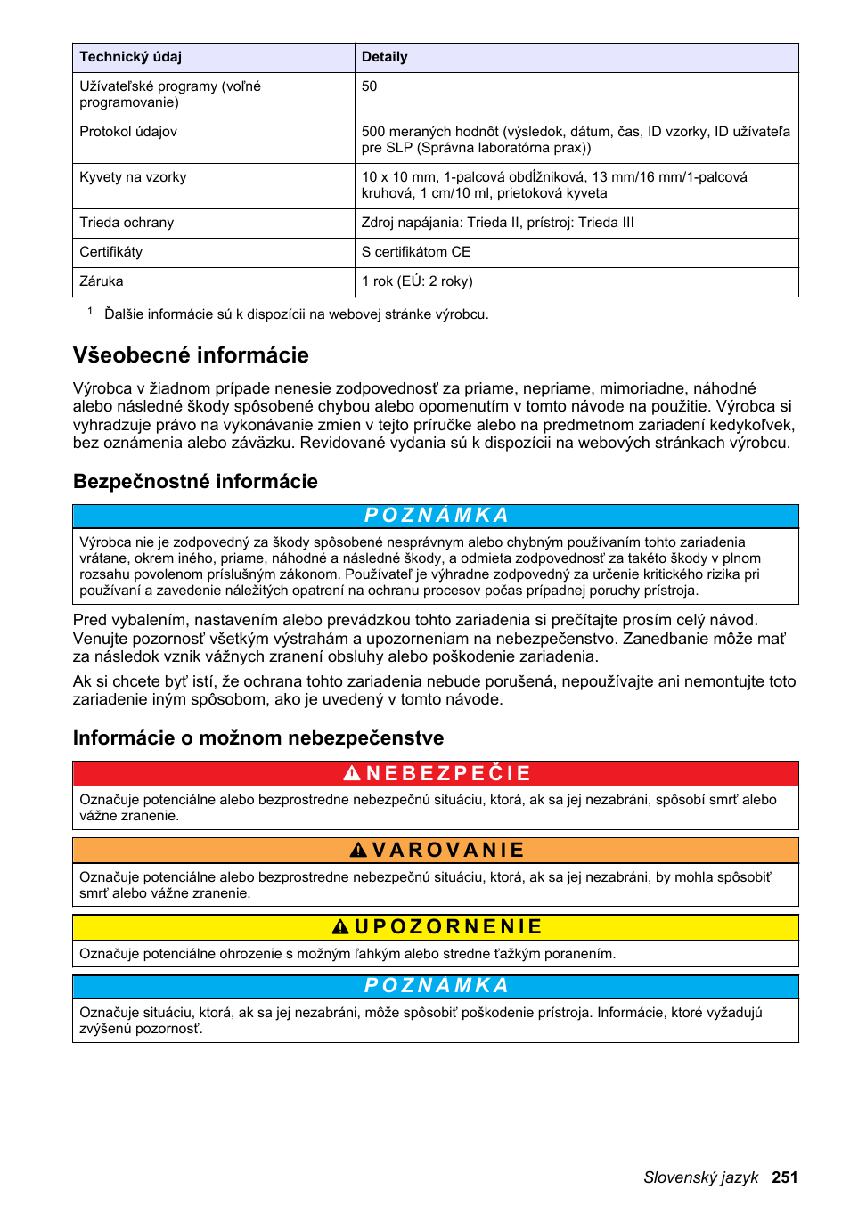 Všeobecné informácie, Bezpečnostné informácie, Informácie o možnom nebezpečenstve | Na strane 251 | Hach-Lange DR1900 Basic User Manual User Manual | Page 251 / 318