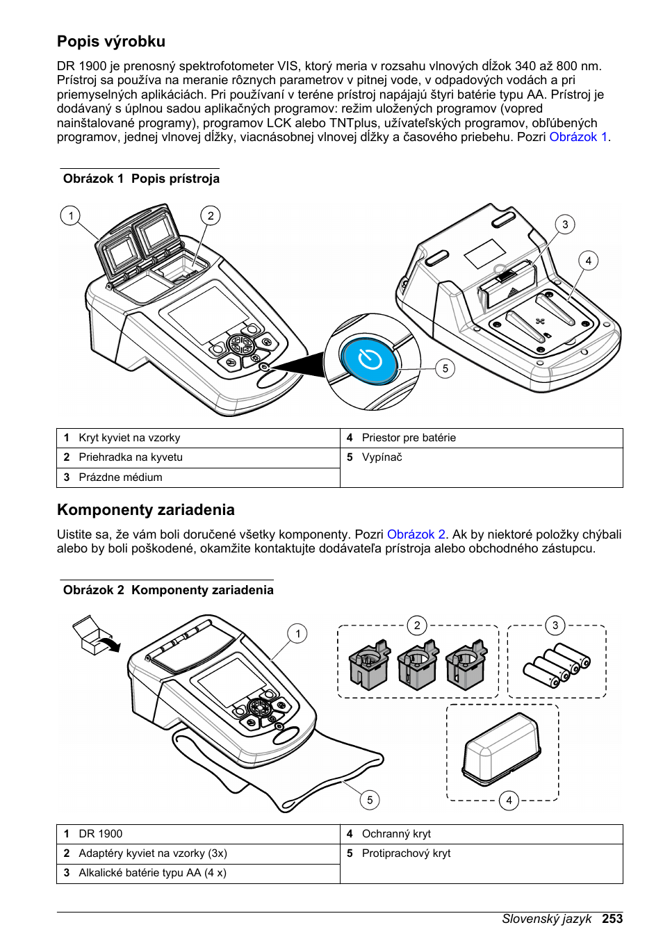 Popis výrobku, Komponenty zariadenia | Hach-Lange DR1900 Basic User Manual User Manual | Page 253 / 318