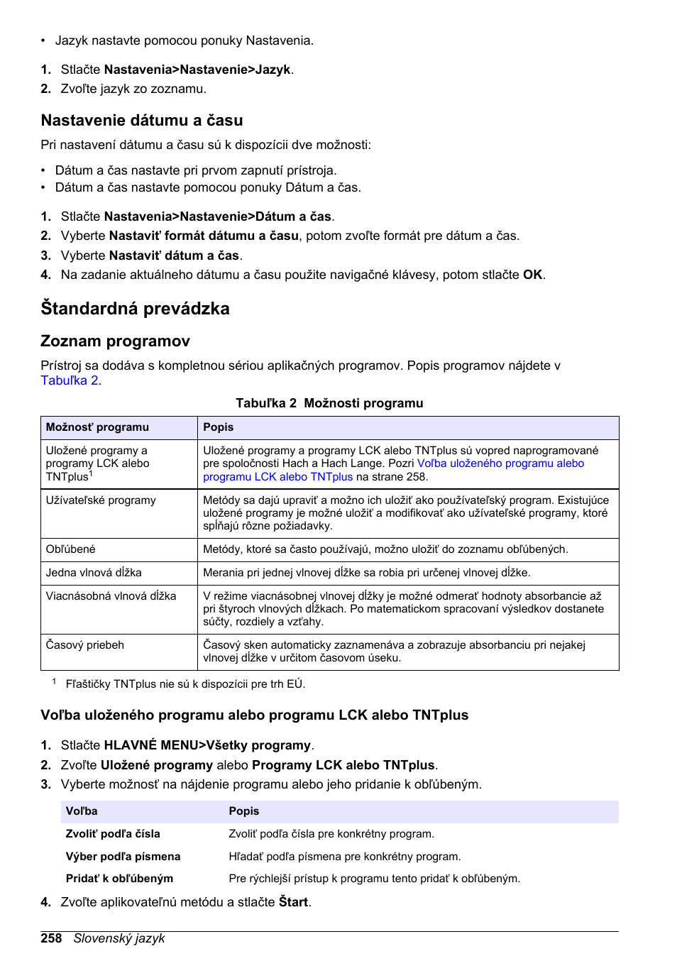 Nastavenie dátumu a času, Štandardná prevádzka, Zoznam programov | Na strane 258 | Hach-Lange DR1900 Basic User Manual User Manual | Page 258 / 318