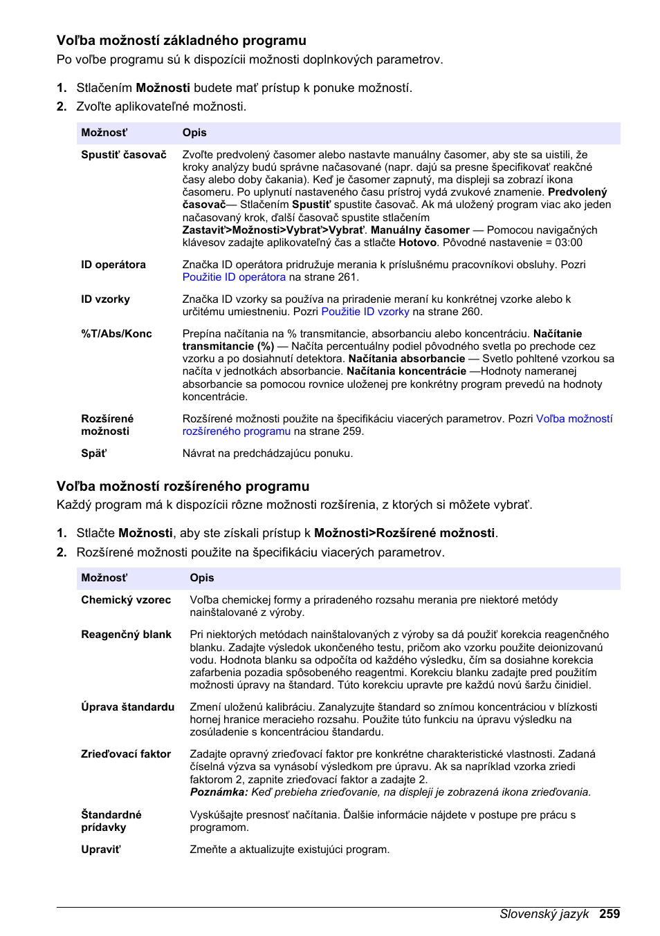 Voľba možností základného programu, Voľba možností rozšíreného programu | Hach-Lange DR1900 Basic User Manual User Manual | Page 259 / 318