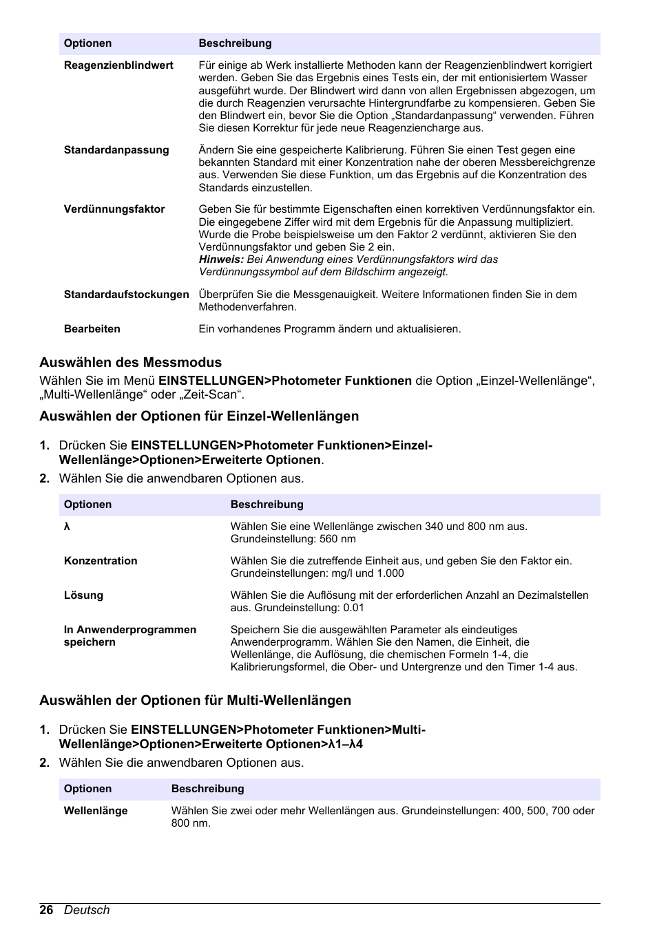 Auswählen des messmodus, Auswählen der optionen für einzel-wellenlängen, Auswählen der optionen für multi-wellenlängen | Hach-Lange DR1900 Basic User Manual User Manual | Page 26 / 318