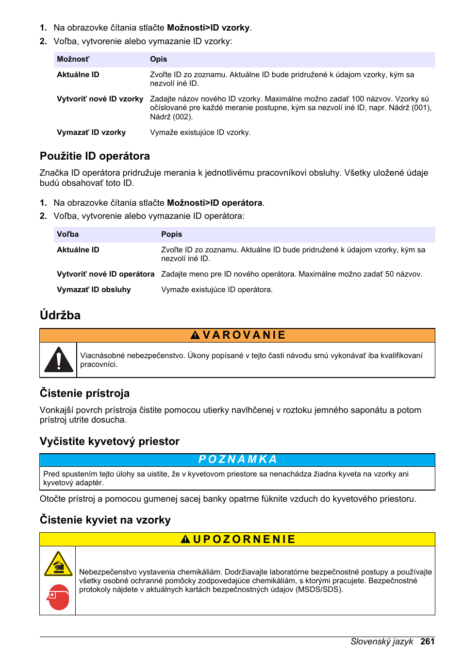 Použitie id operátora, Údržba, Čistenie prístroja | Vyčistite kyvetový priestor, Čistenie kyviet na vzorky, Na strane 261 | Hach-Lange DR1900 Basic User Manual User Manual | Page 261 / 318