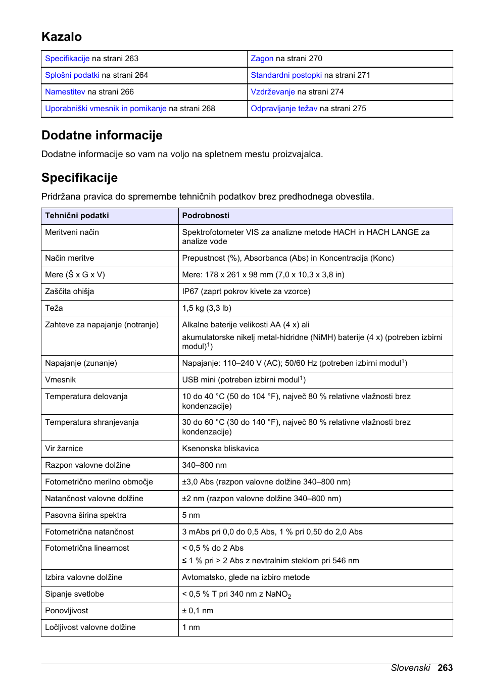 Osnovni uporabniški priročnik, Kazalo, Dodatne informacije | Specifikacije, Slovenski | Hach-Lange DR1900 Basic User Manual User Manual | Page 263 / 318
