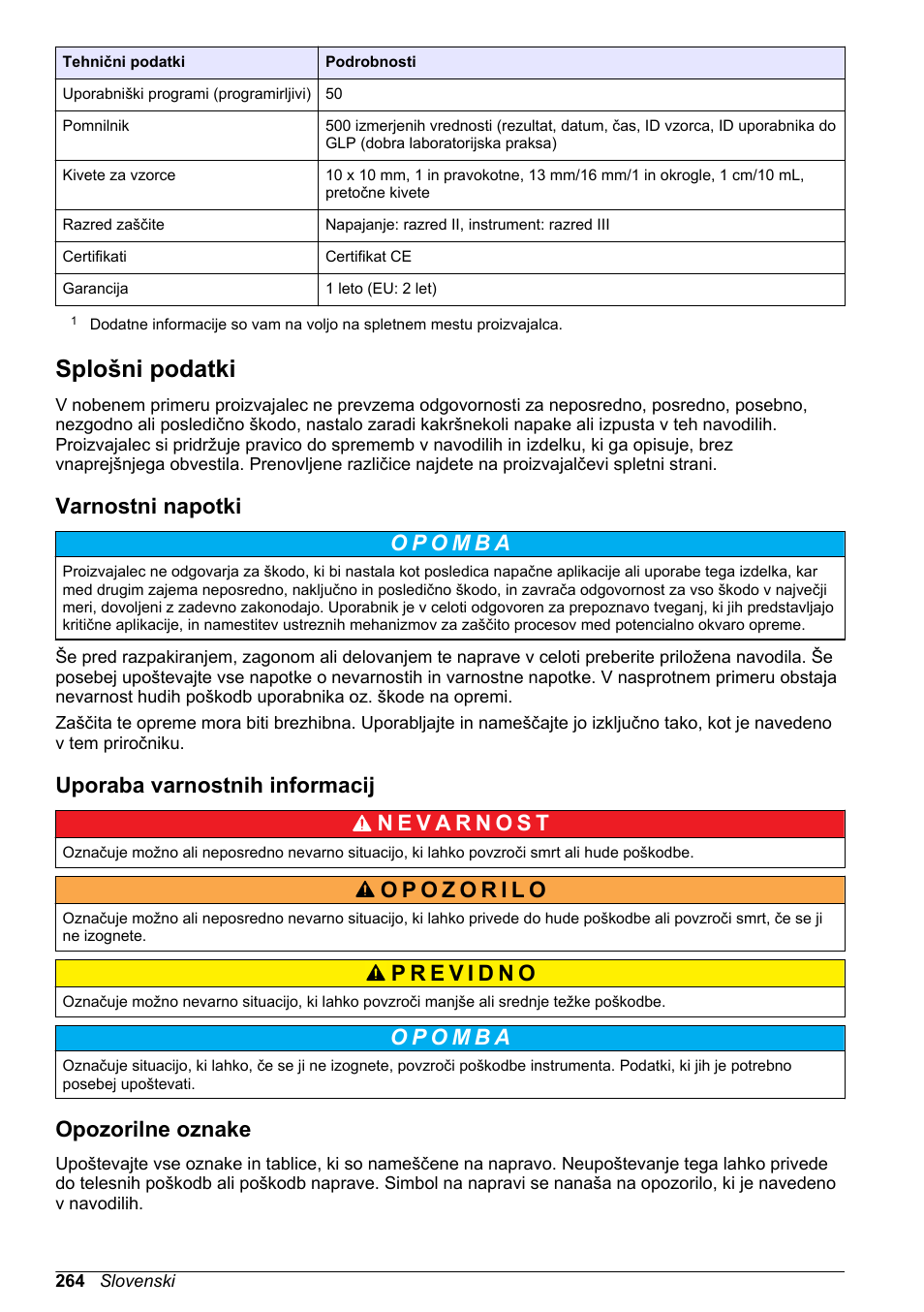 Splošni podatki, Varnostni napotki, Uporaba varnostnih informacij | Opozorilne oznake, Na strani 264 | Hach-Lange DR1900 Basic User Manual User Manual | Page 264 / 318