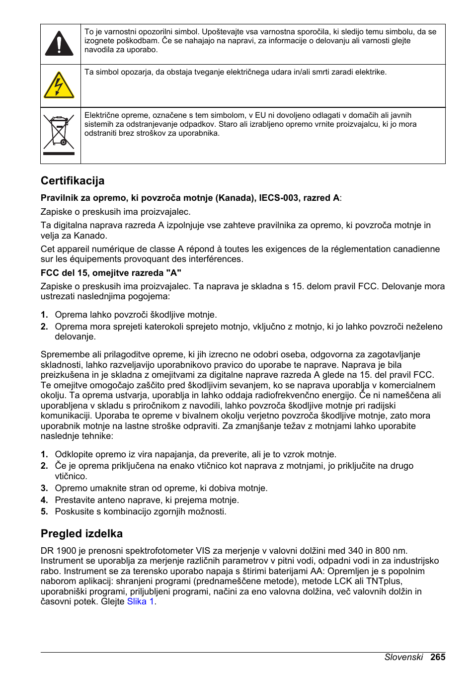 Certifikacija, Pregled izdelka | Hach-Lange DR1900 Basic User Manual User Manual | Page 265 / 318