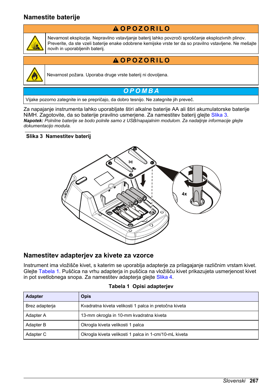 Namestite baterije, Namestitev adapterjev za kivete za vzorce | Hach-Lange DR1900 Basic User Manual User Manual | Page 267 / 318