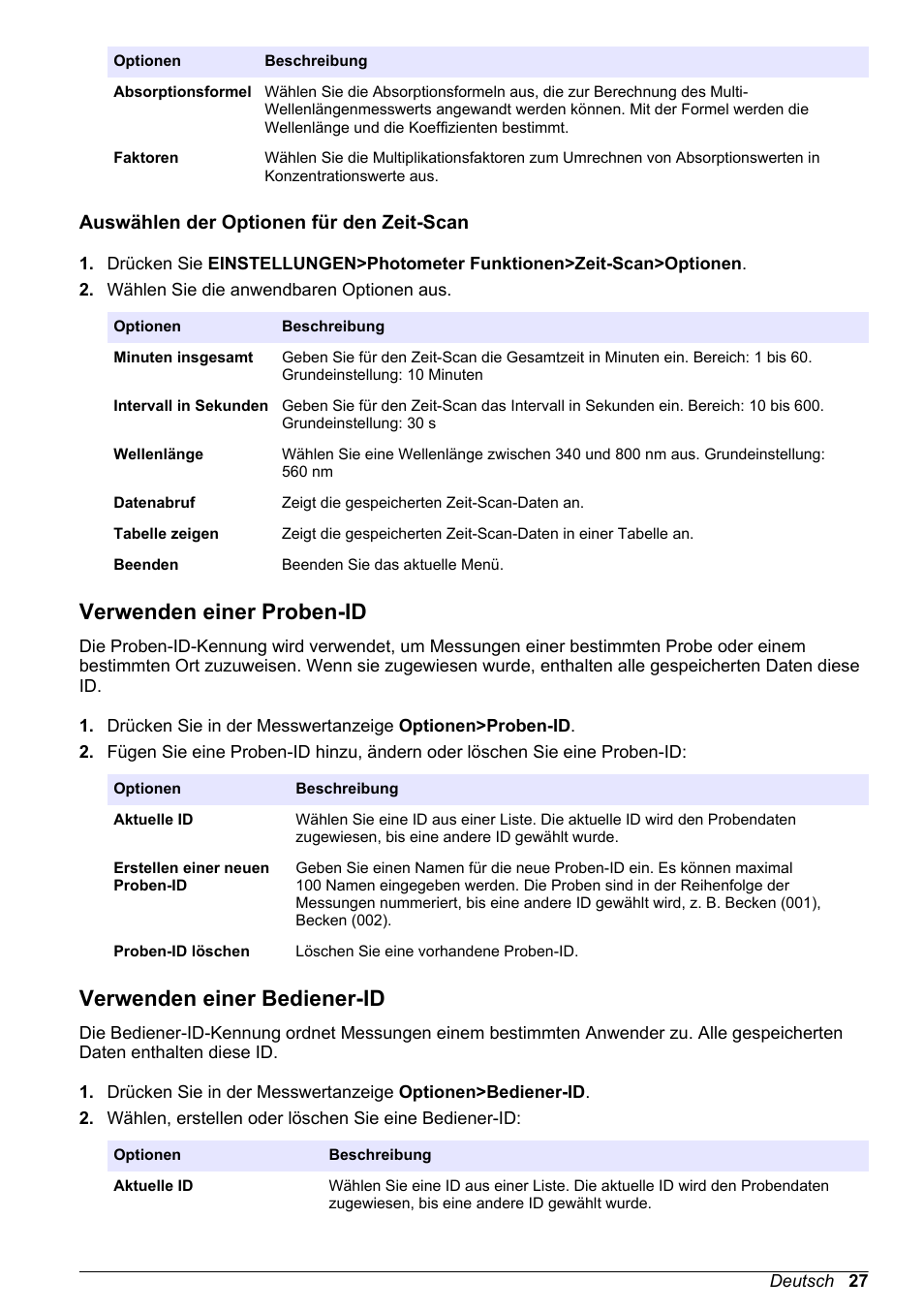 Auswählen der optionen für den zeit-scan, Verwenden einer proben-id, Verwenden einer bediener-id | Auf seite 27 | Hach-Lange DR1900 Basic User Manual User Manual | Page 27 / 318