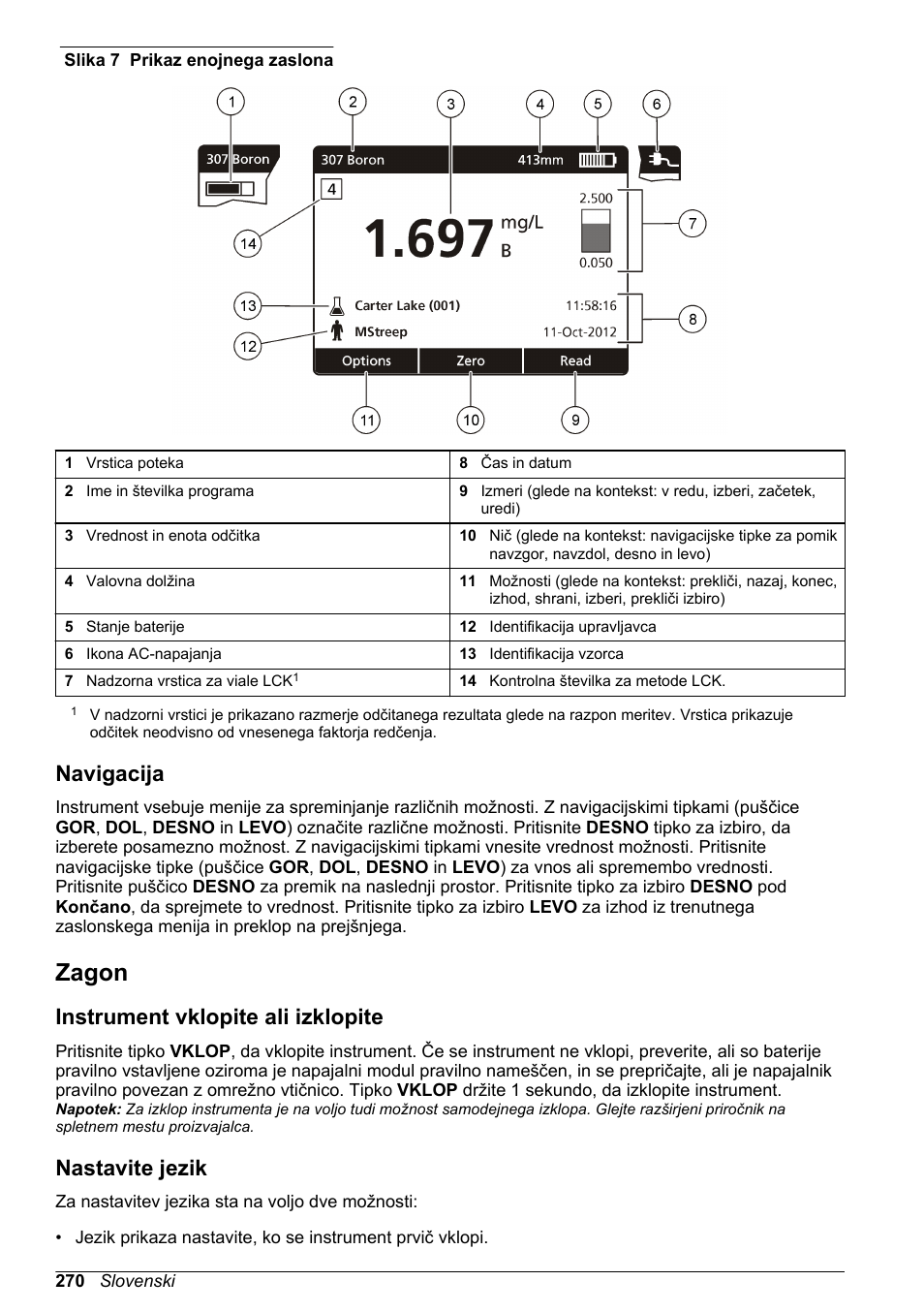 Navigacija, Zagon, Instrument vklopite ali izklopite | Nastavite jezik | Hach-Lange DR1900 Basic User Manual User Manual | Page 270 / 318