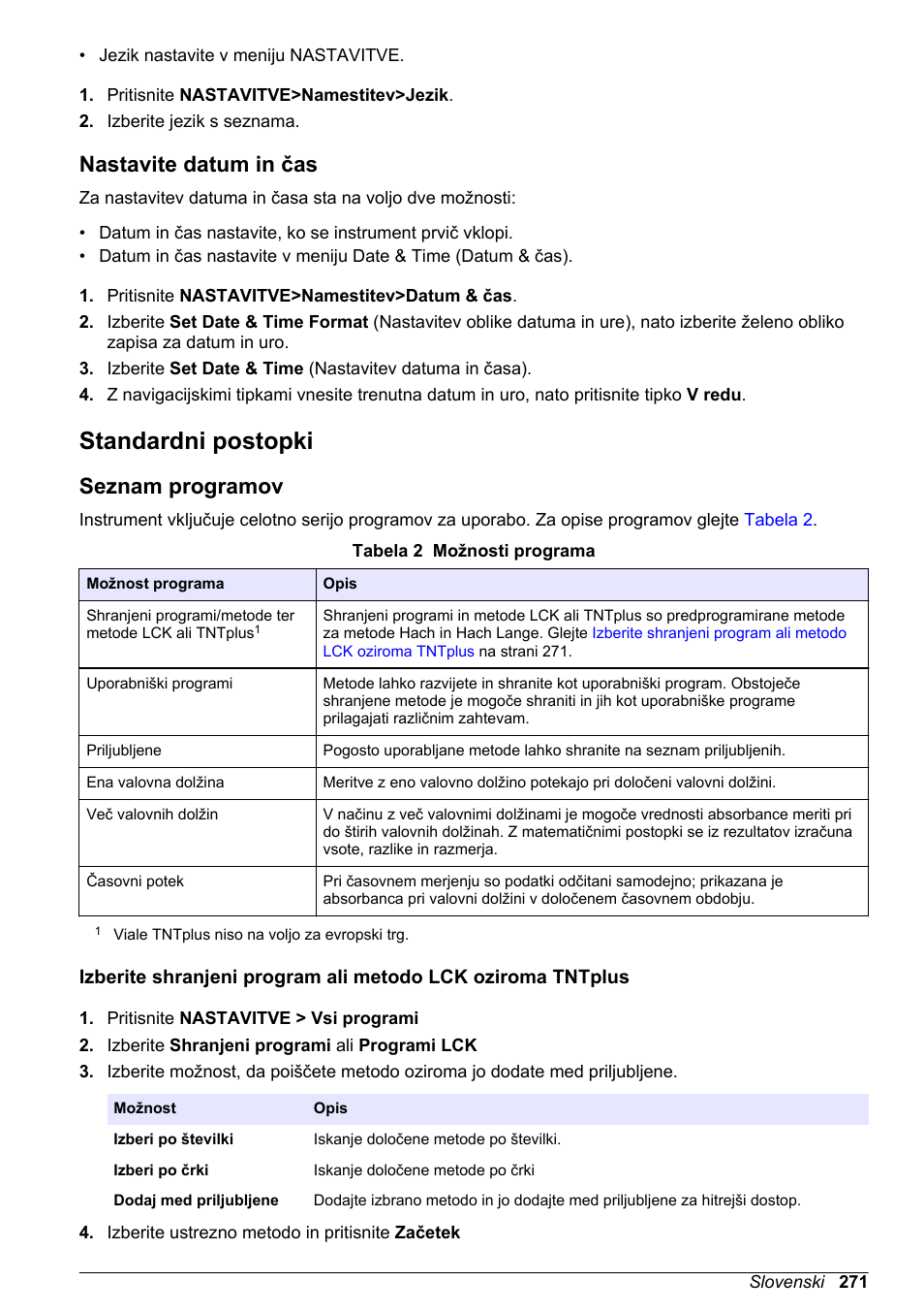 Nastavite datum in čas, Standardni postopki, Seznam programov | Na strani 271 | Hach-Lange DR1900 Basic User Manual User Manual | Page 271 / 318
