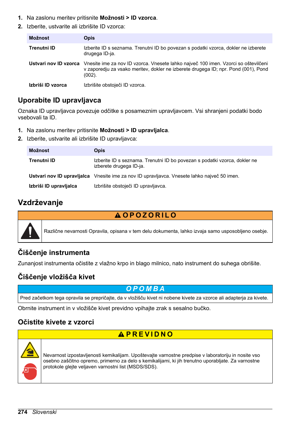 Uporabite id upravljavca, Vzdrževanje, Čiščenje instrumenta | Čiščenje vložišča kivet, Očistite kivete z vzorci, Uporabite, Id upravljavca | Hach-Lange DR1900 Basic User Manual User Manual | Page 274 / 318