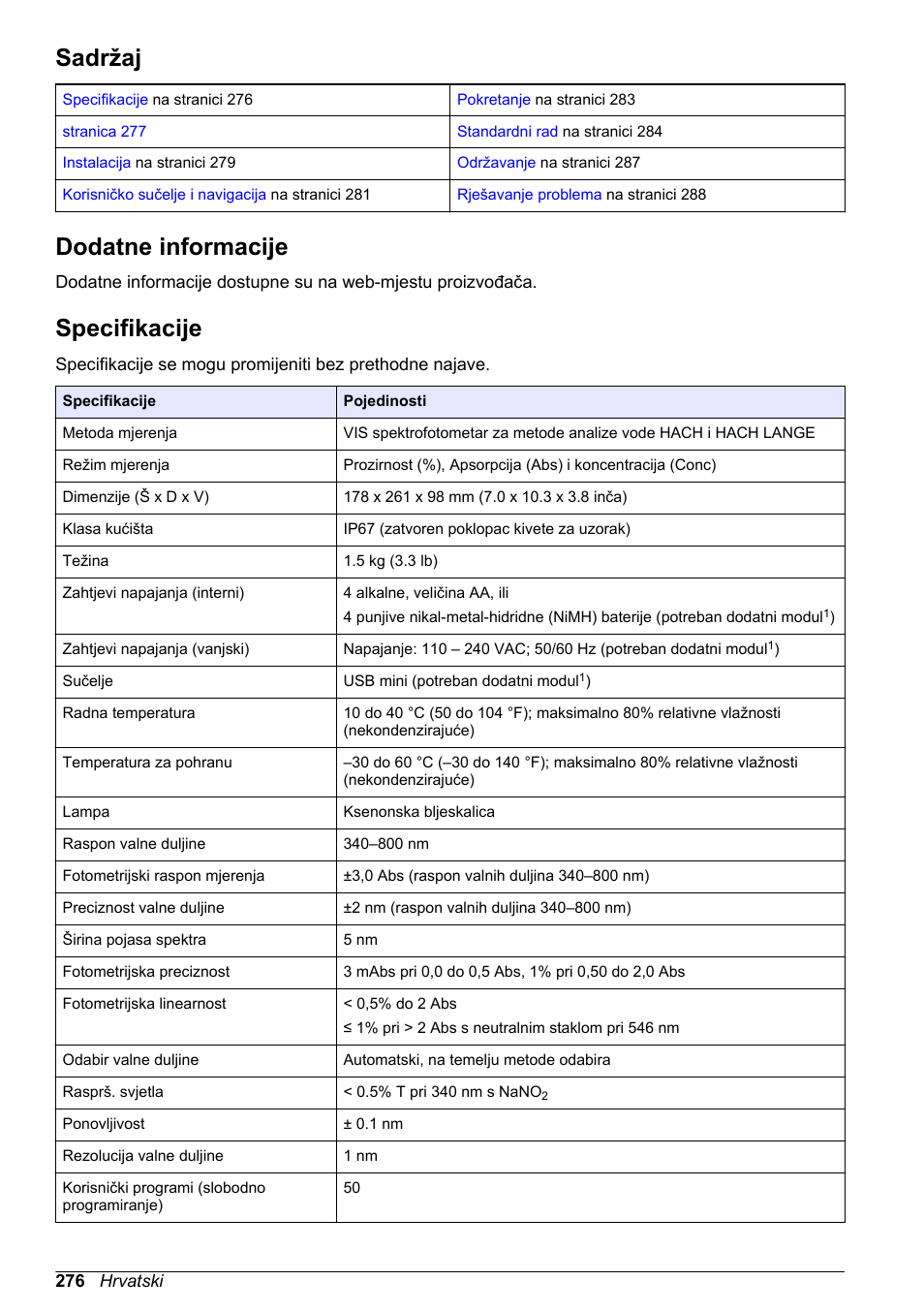 Osnovni korisnički priručnik, Sadržaj, Dodatne informacije | Specifikacije, Hrvatski | Hach-Lange DR1900 Basic User Manual User Manual | Page 276 / 318