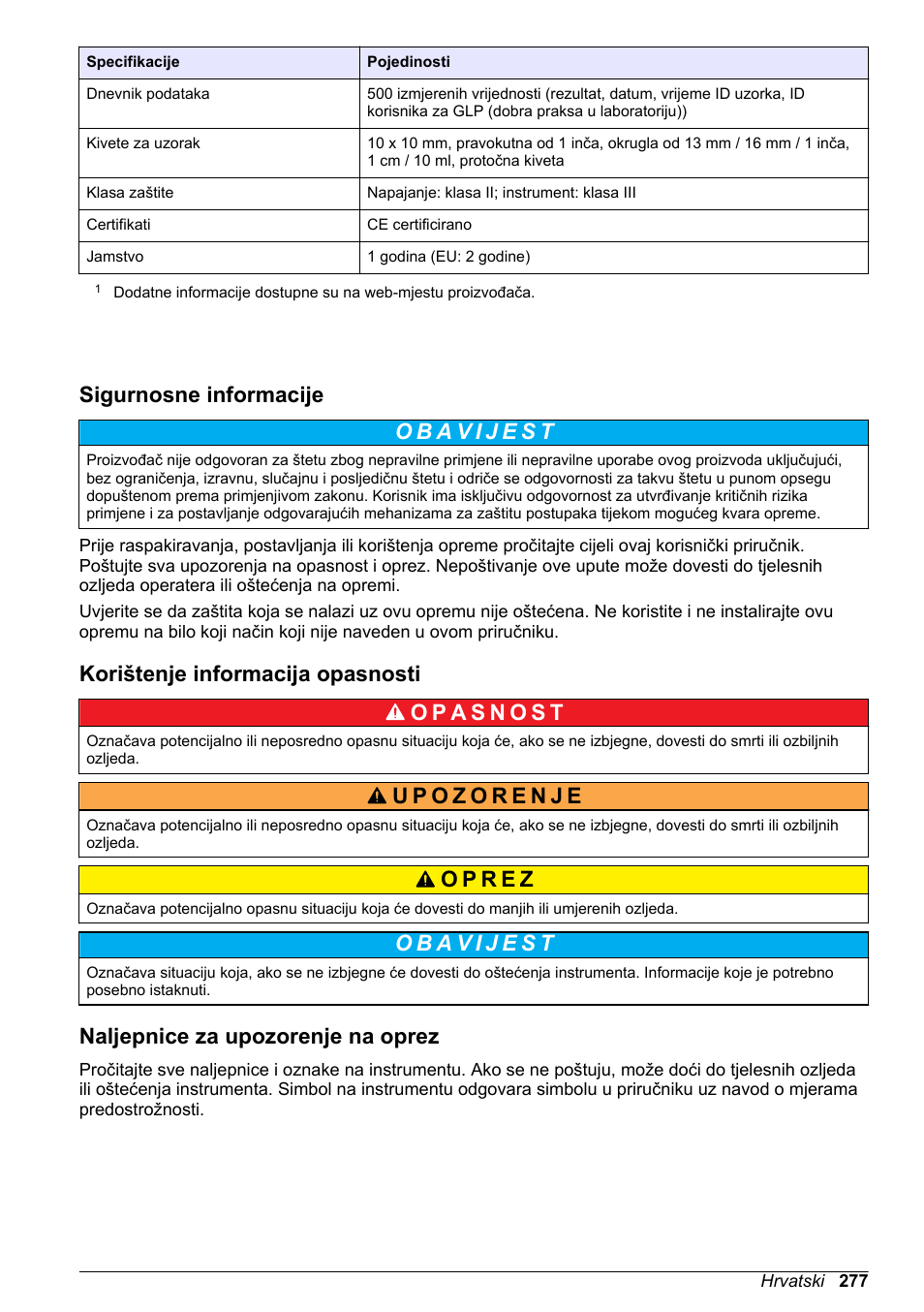 Sigurnosne informacije, Korištenje informacija opasnosti, Naljepnice za upozorenje na oprez | Stranica 277 | Hach-Lange DR1900 Basic User Manual User Manual | Page 277 / 318