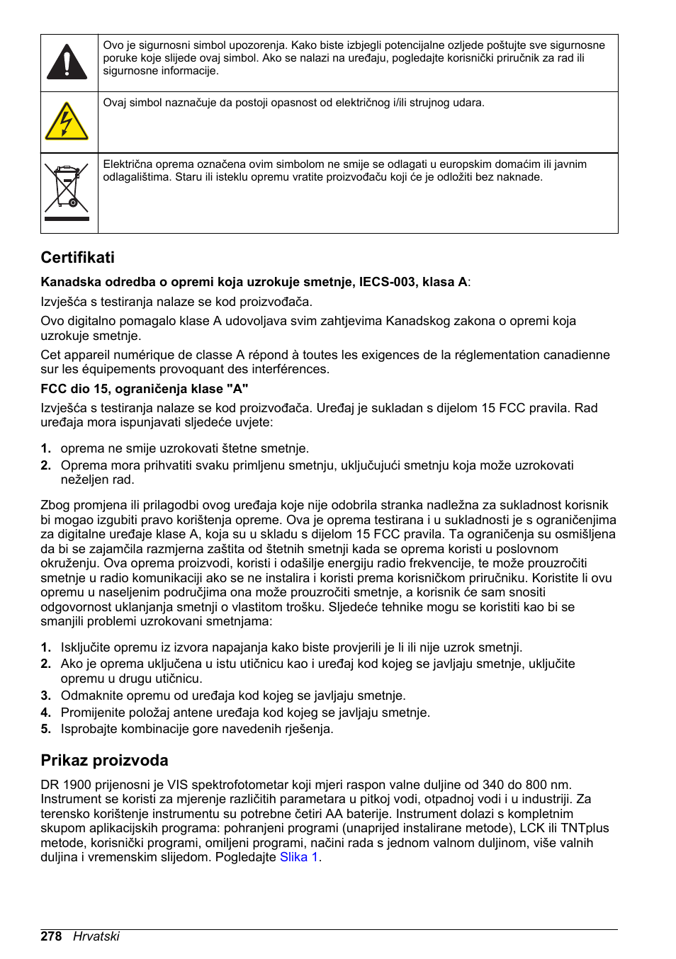 Certifikati, Prikaz proizvoda | Hach-Lange DR1900 Basic User Manual User Manual | Page 278 / 318