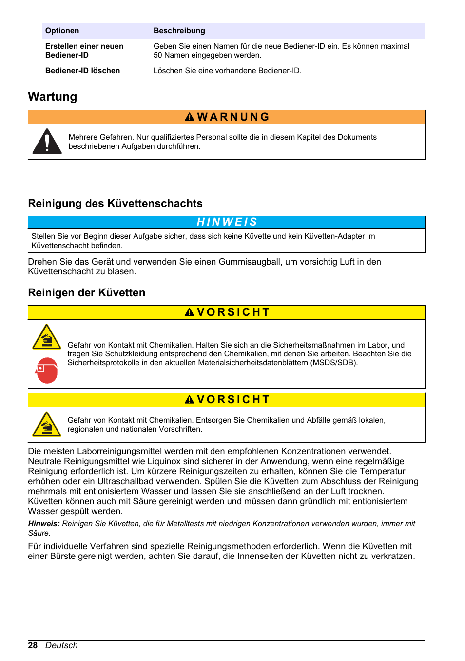 Wartung, Reinigung des küvettenschachts, Reinigen der küvetten | Auf seite 28 | Hach-Lange DR1900 Basic User Manual User Manual | Page 28 / 318