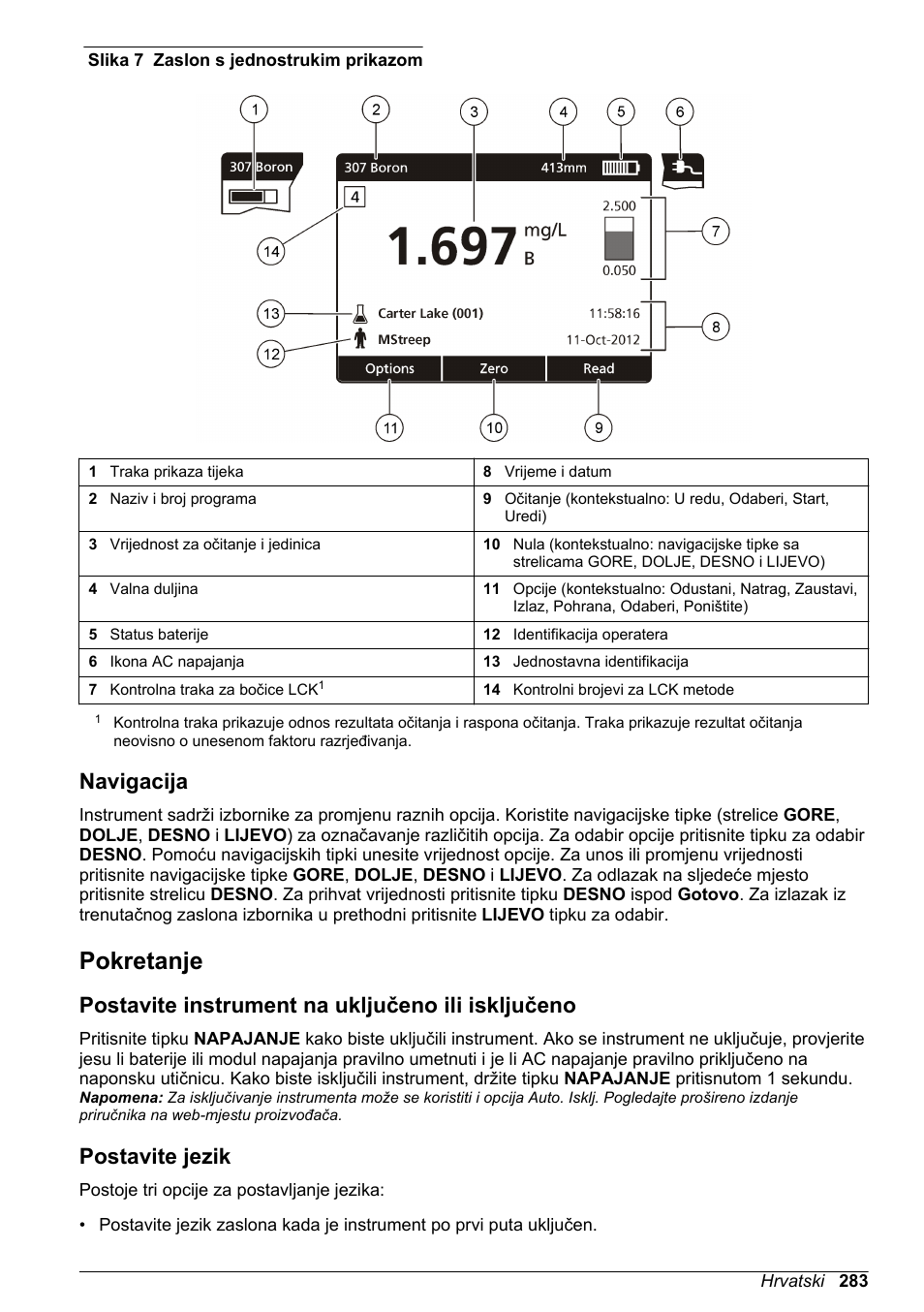 Navigacija, Pokretanje, Postavite instrument na uključeno ili isključeno | Postavite jezik, Na stranici | Hach-Lange DR1900 Basic User Manual User Manual | Page 283 / 318