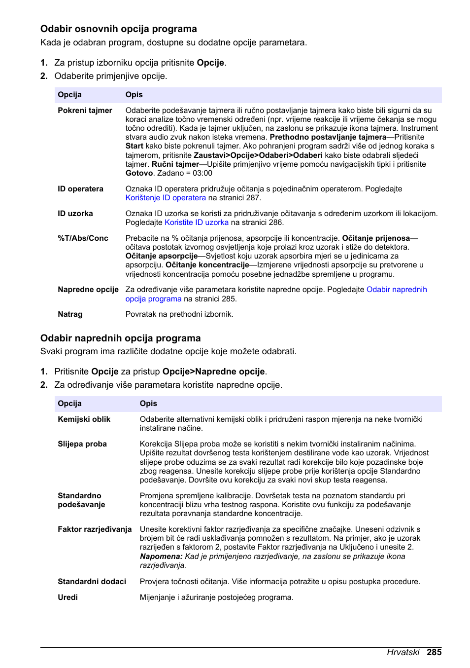 Odabir osnovnih opcija programa, Odabir naprednih opcija programa | Hach-Lange DR1900 Basic User Manual User Manual | Page 285 / 318
