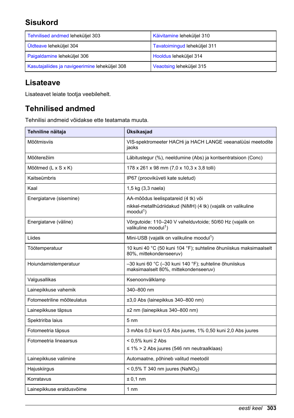 Kokkuvõtlik kasutusjuhend, Sisukord, Lisateave | Tehnilised andmed, Eesti keel | Hach-Lange DR1900 Basic User Manual User Manual | Page 303 / 318