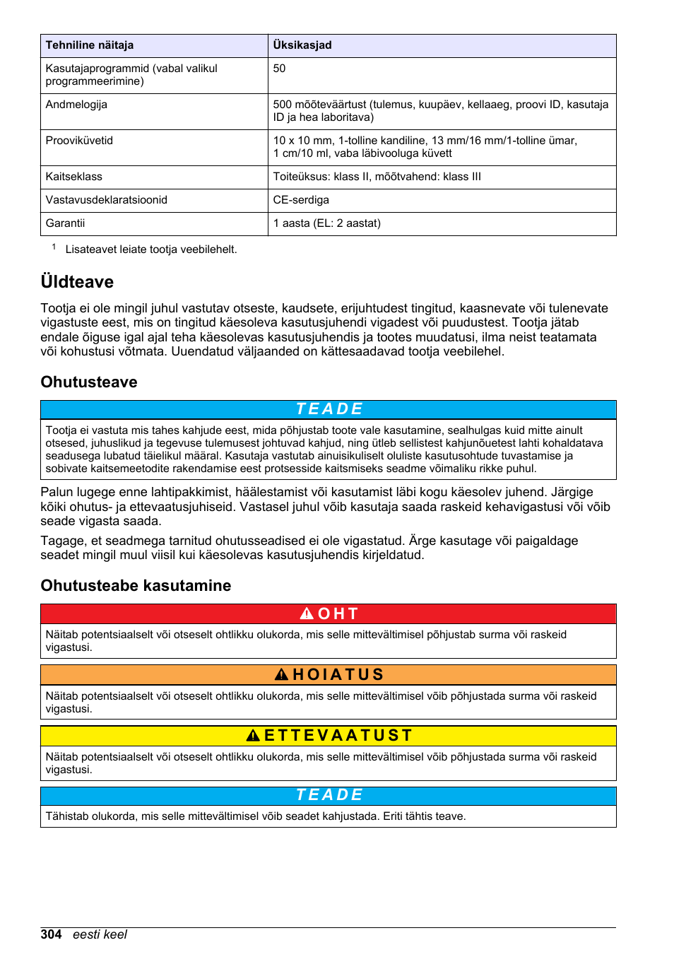 Üldteave, Ohutusteave, Ohutusteabe kasutamine | Leheküljel, Ohutusteabe kasutamine o h t | Hach-Lange DR1900 Basic User Manual User Manual | Page 304 / 318