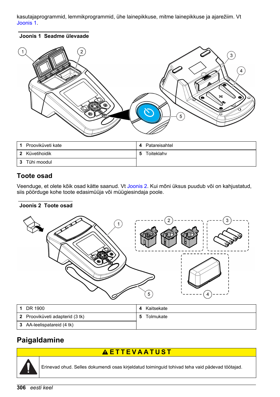 Toote osad, Paigaldamine | Hach-Lange DR1900 Basic User Manual User Manual | Page 306 / 318