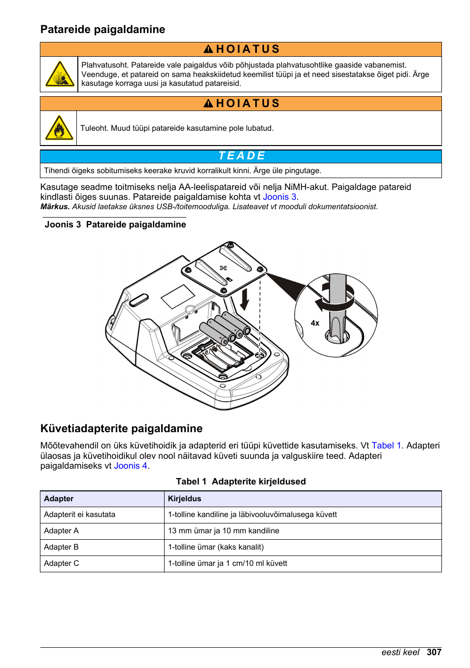 Patareide paigaldamine, Küvetiadapterite paigaldamine | Hach-Lange DR1900 Basic User Manual User Manual | Page 307 / 318