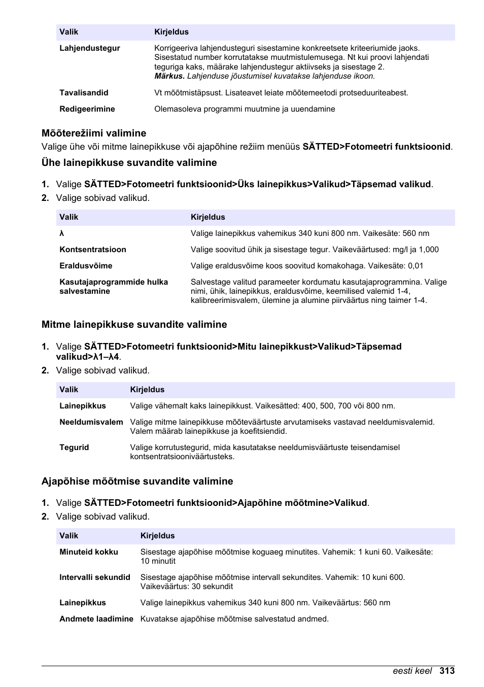 Mõõterežiimi valimine, Ühe lainepikkuse suvandite valimine, Mitme lainepikkuse suvandite valimine | Ajapõhise mõõtmise suvandite valimine | Hach-Lange DR1900 Basic User Manual User Manual | Page 313 / 318