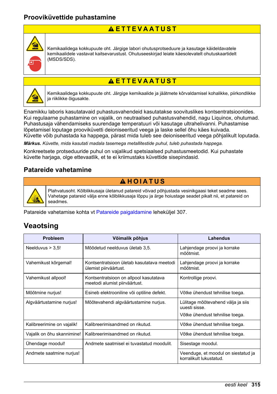Prooviküvettide puhastamine, Patareide vahetamine, Veaotsing | Leheküljel | Hach-Lange DR1900 Basic User Manual User Manual | Page 315 / 318