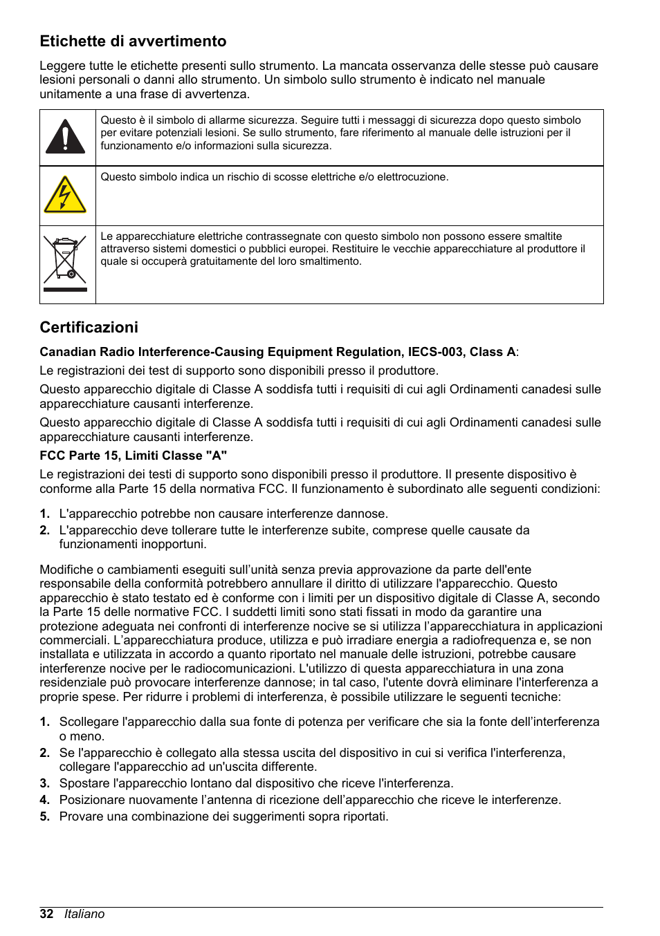 Etichette di avvertimento, Certificazioni | Hach-Lange DR1900 Basic User Manual User Manual | Page 32 / 318