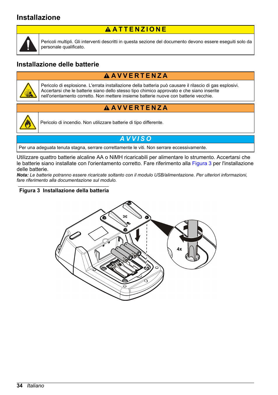 Installazione, Installazione delle batterie | Hach-Lange DR1900 Basic User Manual User Manual | Page 34 / 318
