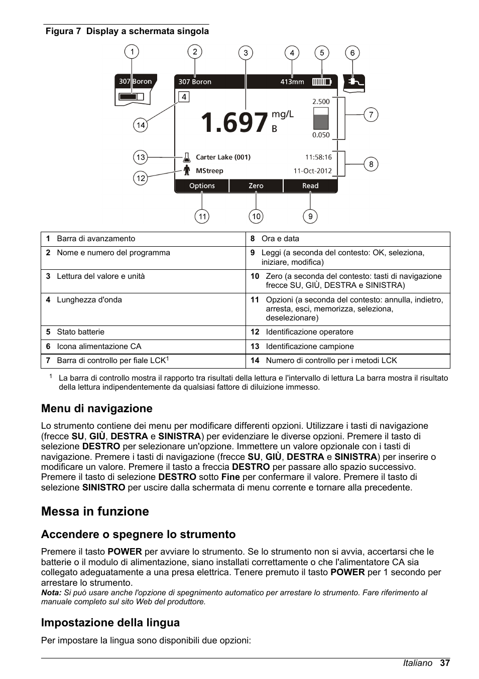 Menu di navigazione, Messa in funzione, Accendere o spegnere lo strumento | Impostazione della lingua | Hach-Lange DR1900 Basic User Manual User Manual | Page 37 / 318