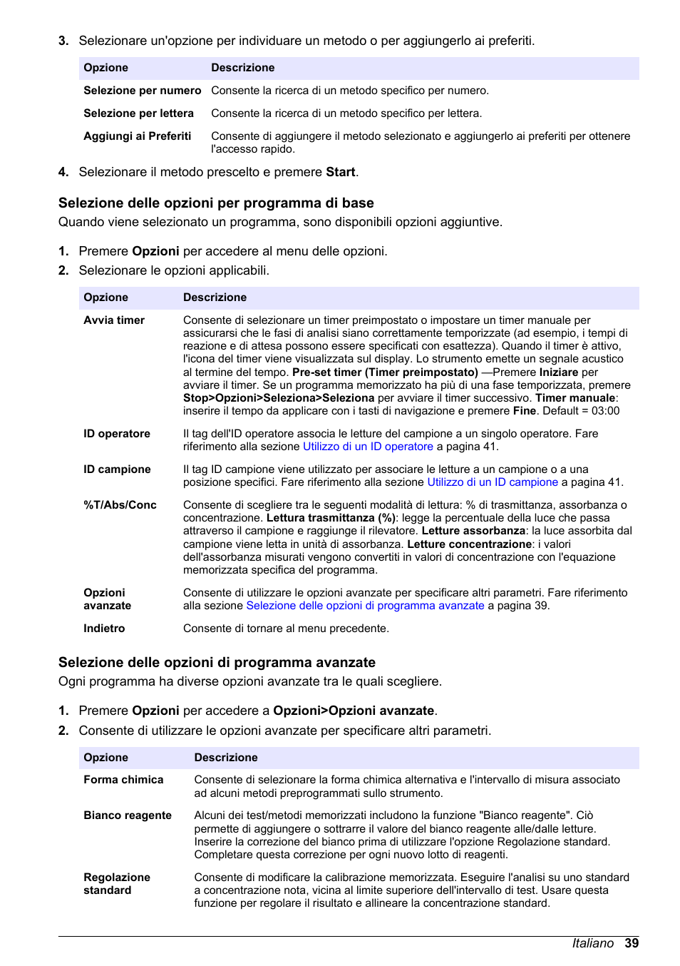 Selezione delle opzioni per programma di base, Selezione delle opzioni di programma avanzate | Hach-Lange DR1900 Basic User Manual User Manual | Page 39 / 318