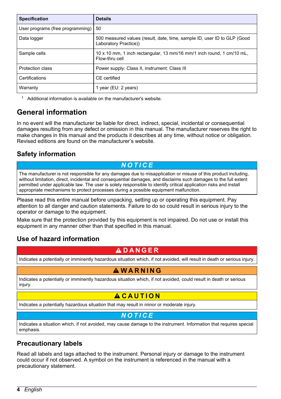 General information, Safety information, Use of hazard information | Precautionary labels | Hach-Lange DR1900 Basic User Manual User Manual | Page 4 / 318