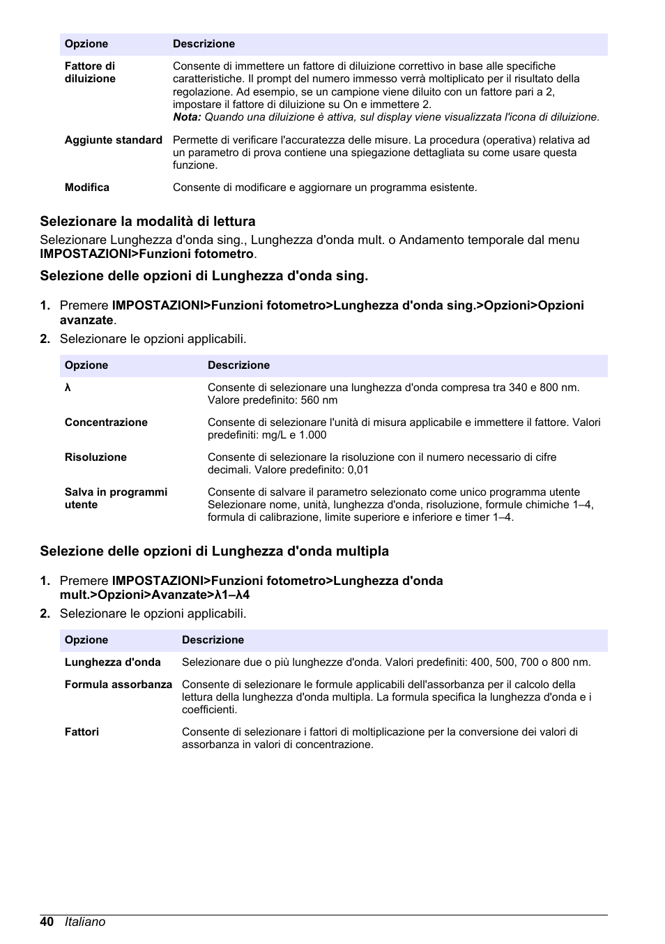 Selezionare la modalità di lettura, Selezione delle opzioni di lunghezza d'onda sing | Hach-Lange DR1900 Basic User Manual User Manual | Page 40 / 318