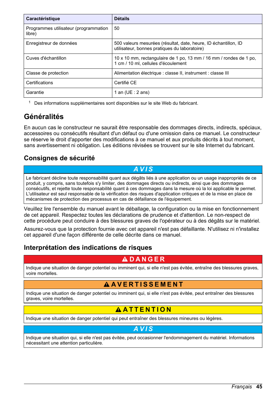 Généralités, Consignes de sécurité, Interprétation des indications de risques | A v i s | Hach-Lange DR1900 Basic User Manual User Manual | Page 45 / 318