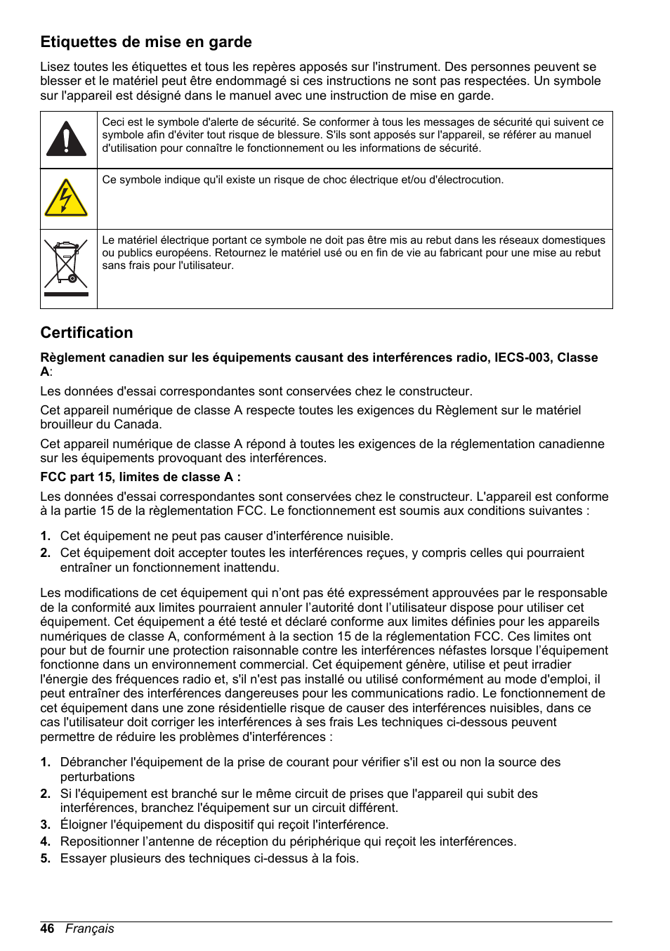 Etiquettes de mise en garde, Certification | Hach-Lange DR1900 Basic User Manual User Manual | Page 46 / 318