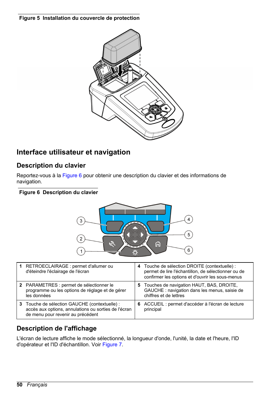 Interface utilisateur et navigation, Description du clavier, Description de l'affichage | Figure 5 | Hach-Lange DR1900 Basic User Manual User Manual | Page 50 / 318