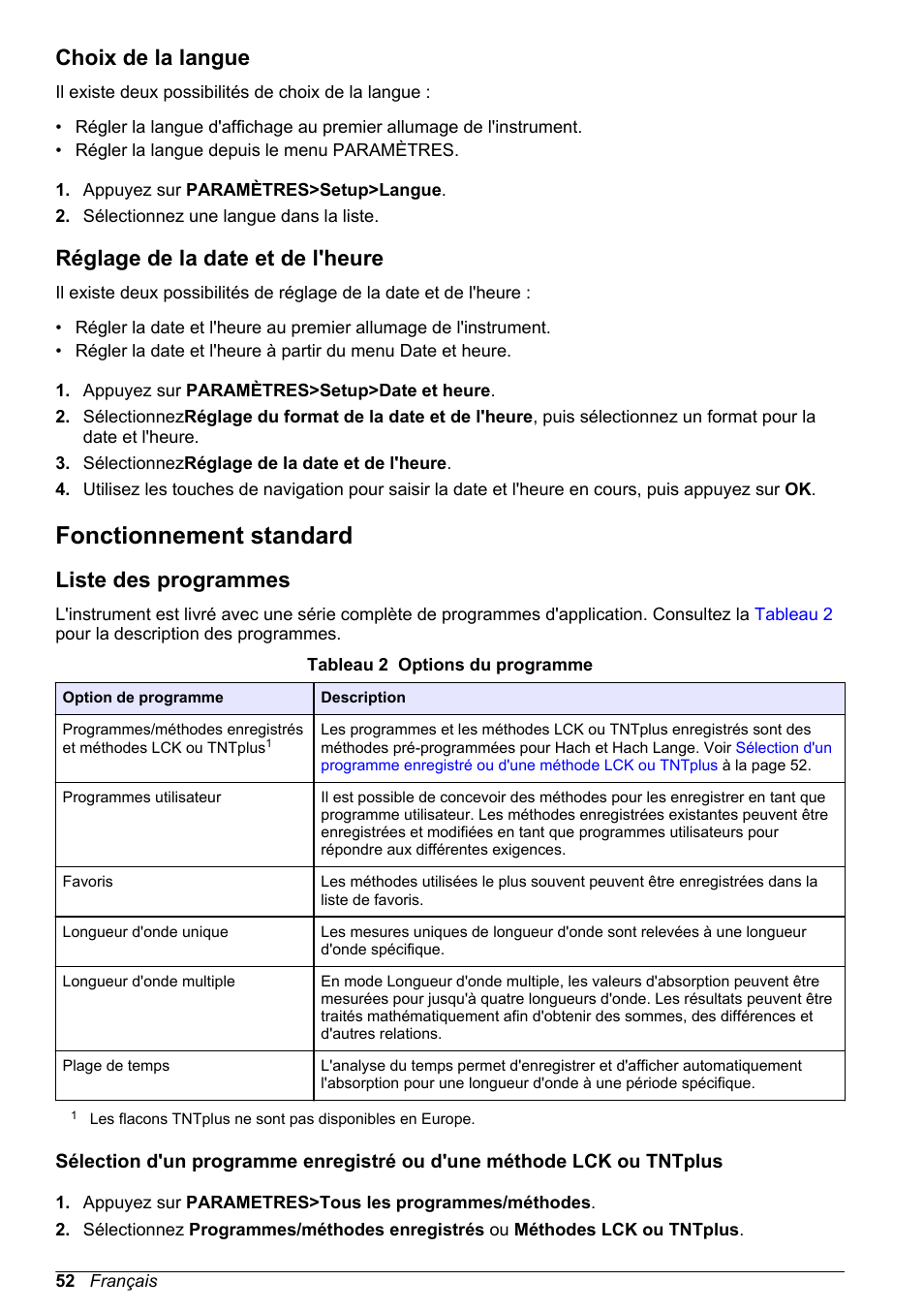 Choix de la langue, Réglage de la date et de l'heure, Fonctionnement standard | Liste des programmes | Hach-Lange DR1900 Basic User Manual User Manual | Page 52 / 318