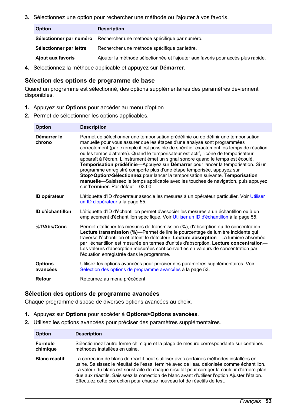 Sélection des options de programme de base, Sélection des options de programme avancées | Hach-Lange DR1900 Basic User Manual User Manual | Page 53 / 318