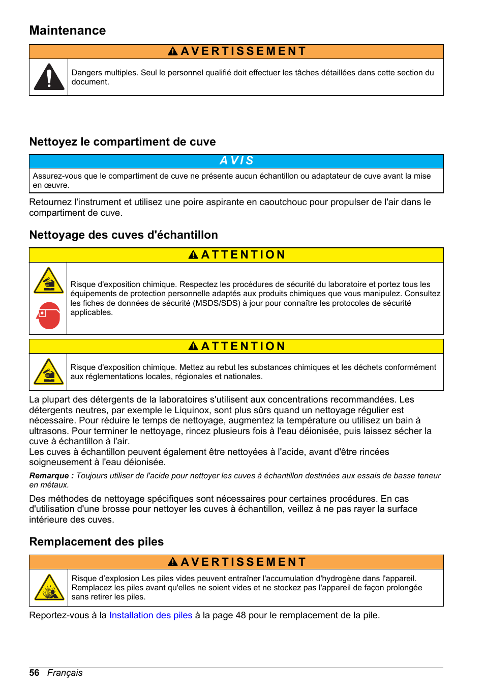 Maintenance, Nettoyez le compartiment de cuve, Nettoyage des cuves d'échantillon | Remplacement des piles | Hach-Lange DR1900 Basic User Manual User Manual | Page 56 / 318
