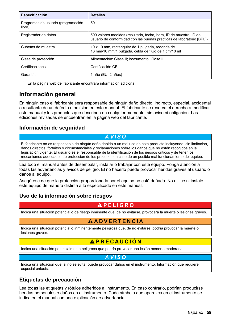 Información general, Información de seguridad, Uso de la información sobre riesgos | Etiquetas de precaución | Hach-Lange DR1900 Basic User Manual User Manual | Page 59 / 318